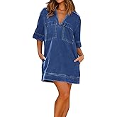 loveimgs Womens Summer Casual Denim Dress Short Sleeve V Neck Distressed Jean Dresses Mini Shirt Dress