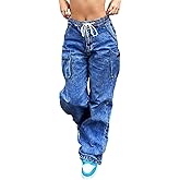 AprPith Mid Rise Cargo Jeans Women Elastic Waist Stretch Wide Leg Denim Pants with Pockets Baggy Streetwear Pants y2k