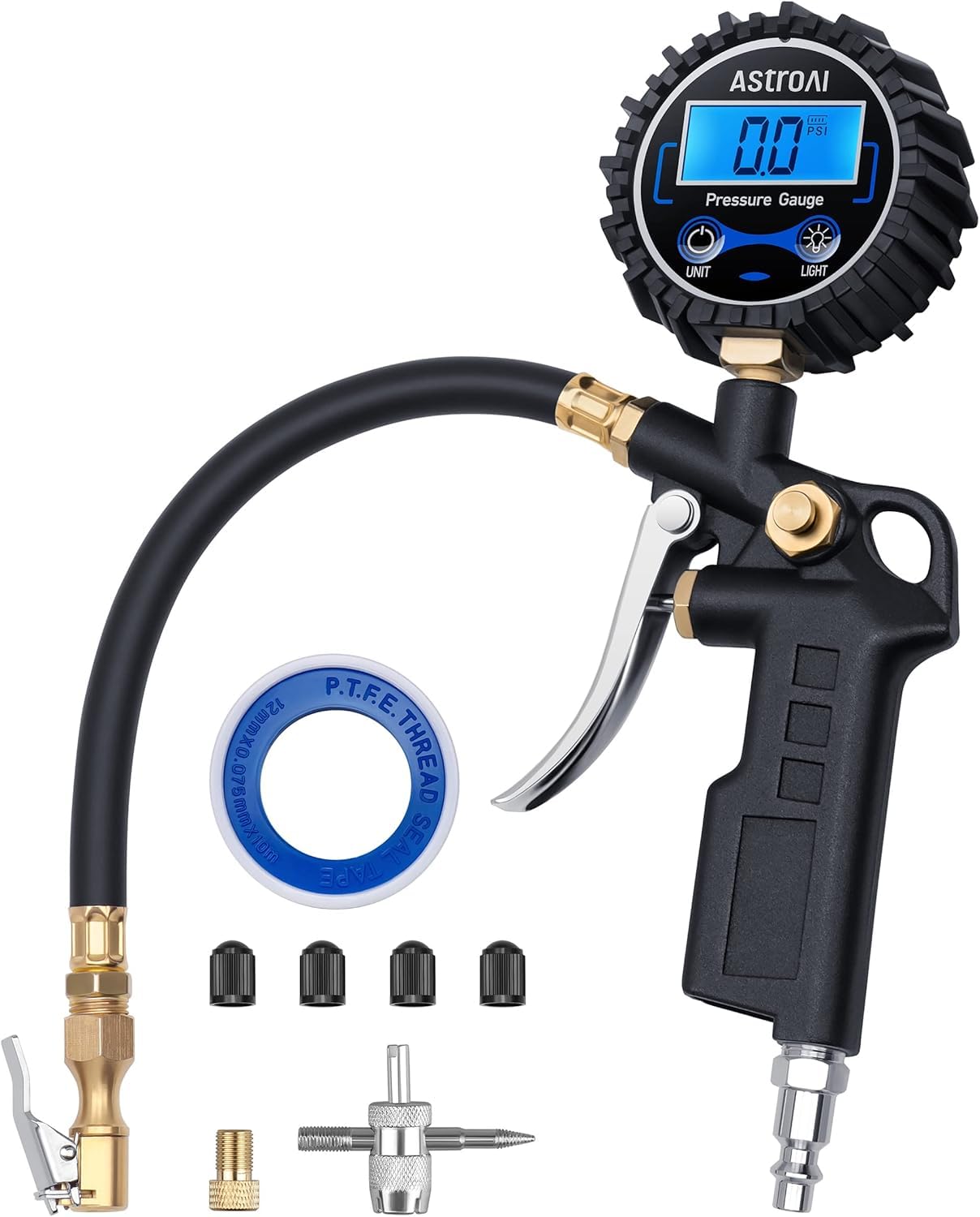 AstroAI Digital Tyre Inflator with Pressure Gauge, 0.1 Display Resolution 250 PSI Air Chuck and Compressor Accessories Heavy Duty with Rubber Hose and Quick Connect Coupler