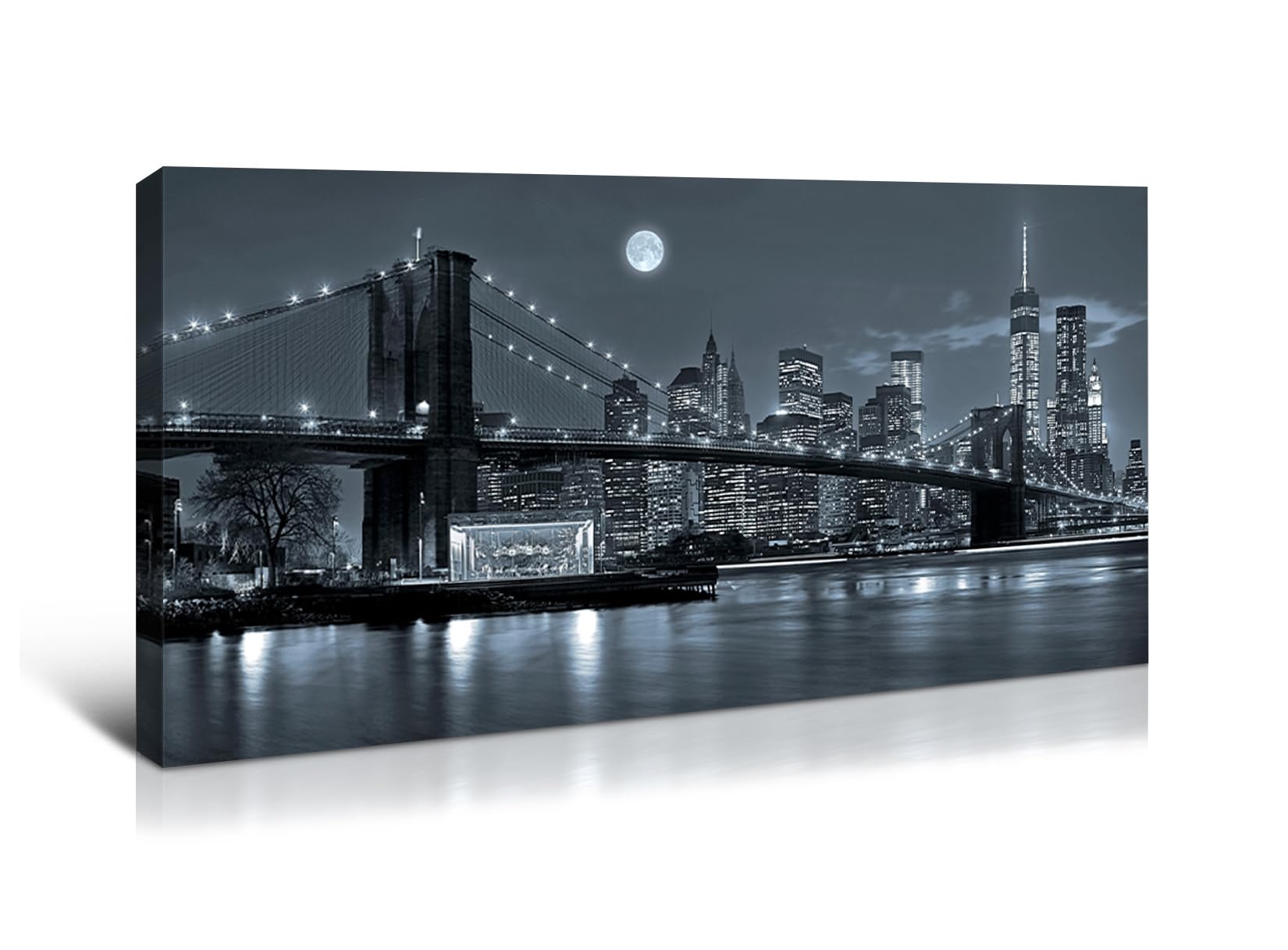 Photo 1 of Denozer - New York City Brooklyn Bridge Wall Art Canvas Prints Modern Manhattan Skyline with Full Moon Pictures Landscape Wall Art for Living Room Bedroom and Office Wall Decor - 48"x24"