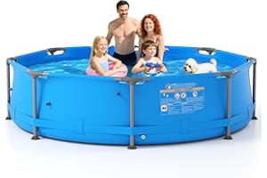 GYMAX 10ft x 30in Metal Frame Above Ground Swimming Pool, Outdoor Backyard Famliy Pool Set with Puncture-Resistant Fabric, Dr