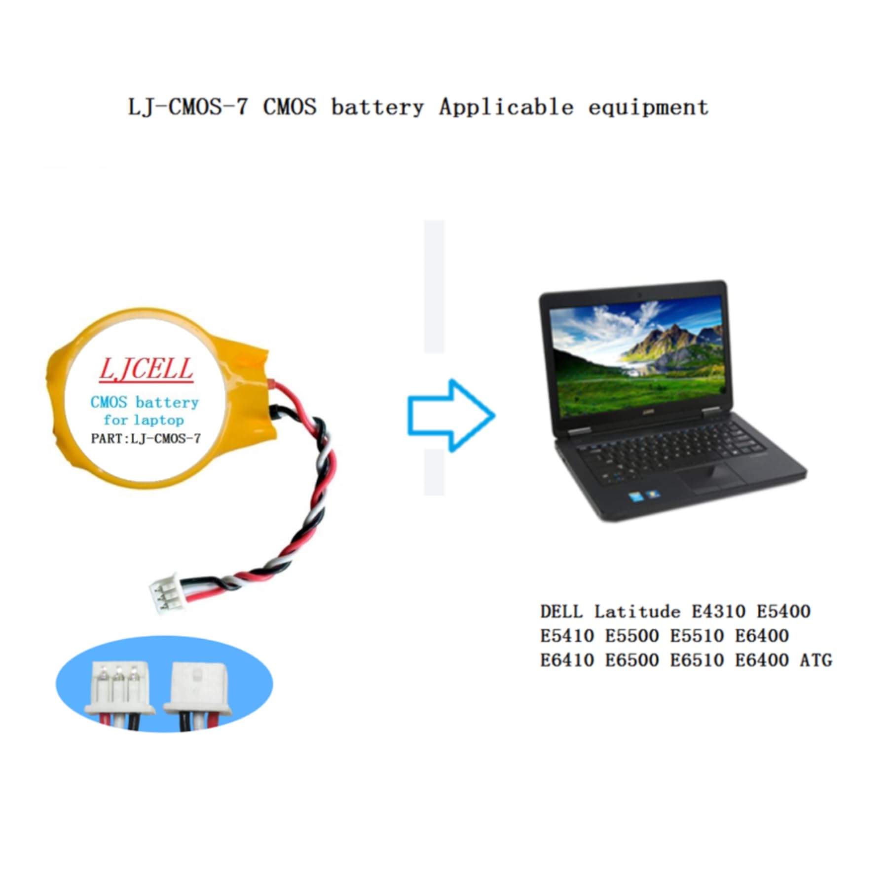 LJCELL CMOS Battery for DELL Latitude E4310 E5400 E5410 E5510 E6400 E6410 E6500 E6510 Backup BIOS RTC Battery with 3 Wire Cable and Connector