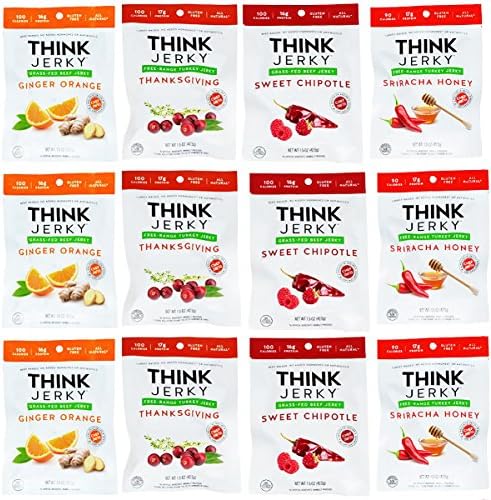 Think Jerky Grass-Fed Beef and Free-Range Gluten Free Turkey Jerky Variety,1.5 oz, Pack of 12 - Variety Pack