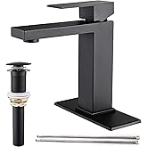AVSIILE Matte Black Bathroom Faucet, Single Hole Vanity Bath Faucet, Single Handle Modern Stainless Steel Bathroom Faucets for Sink 1 Hole with Pop Up Drain Stopper & Water Supply Hoses