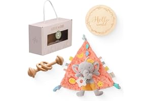 MACABAKA Loveys for Babies, Soft Elephant Newborn Security Blanket for Baby Girls, Babies Loveys with Stuffed Animal Baby Gifts for Girls, Infant and Toddler, Come with Wooden Baby Rattle, Orange