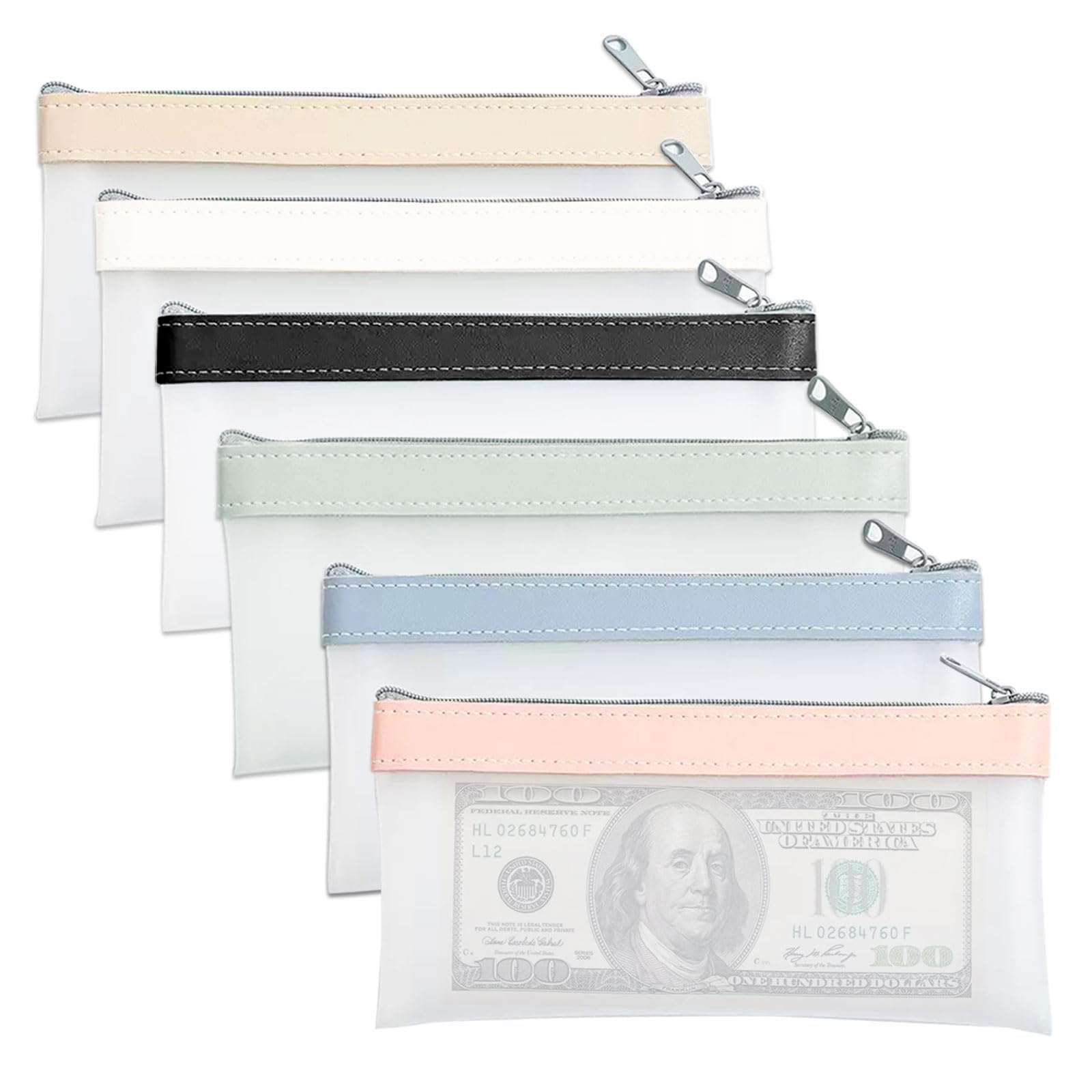 Bamyli 6 Pcs Money Bags with Zipper,Clear Cash Envelopes Coin Purse,Plastic Money Wallets,Money Pouch for Cash Saving,for Check Wallet Receipt Organizer Tool Pouch,6 Colors