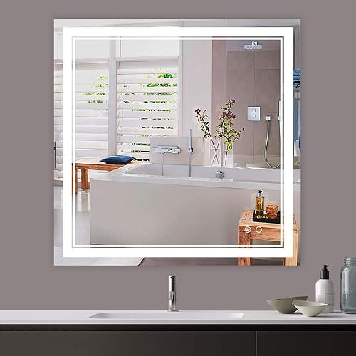 Keonjinn 36 x 36 Inch LED Lighted Bathroom Vanity Mirror Anti-Fog Wall Mounted Square Mirror Large Dimmable Makeup Mirror with Lights