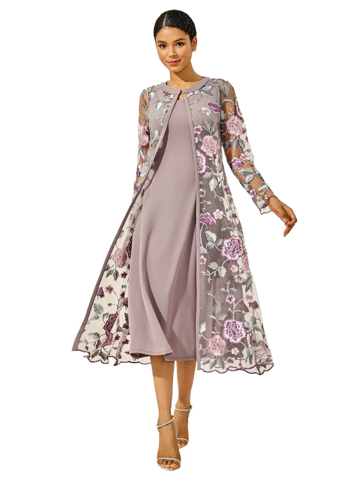 Photo 1 of Size CL.  Women's Maxi Dresses 2 Piece Outfit Wedding Guest Cocktail Tea Party Dress Ruffle Lace Floral Casual Formal Evening Dress Gray Pink