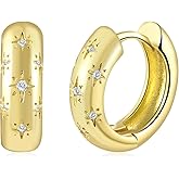 Gold Plated Chunky Huggie Hoop Earrings for Women, Star Designed CZ Small Thick Hoop Earrings