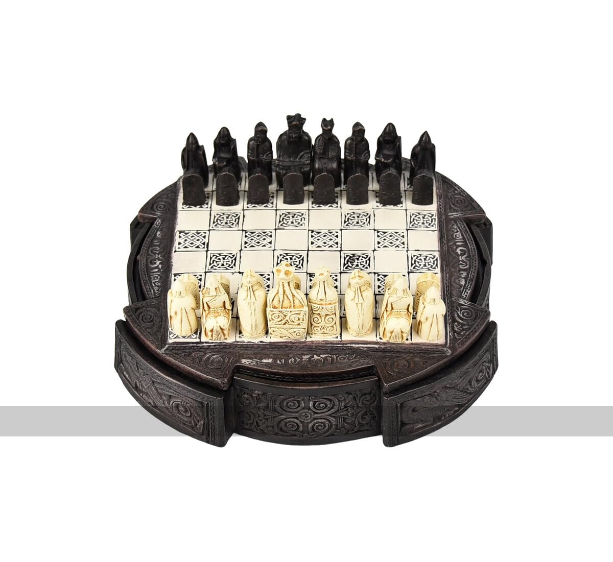 Isle Of Lewis Chess Set - Compact 9 inch Resin Chess Cabinet and Chessmen - Brown - Made in the UK