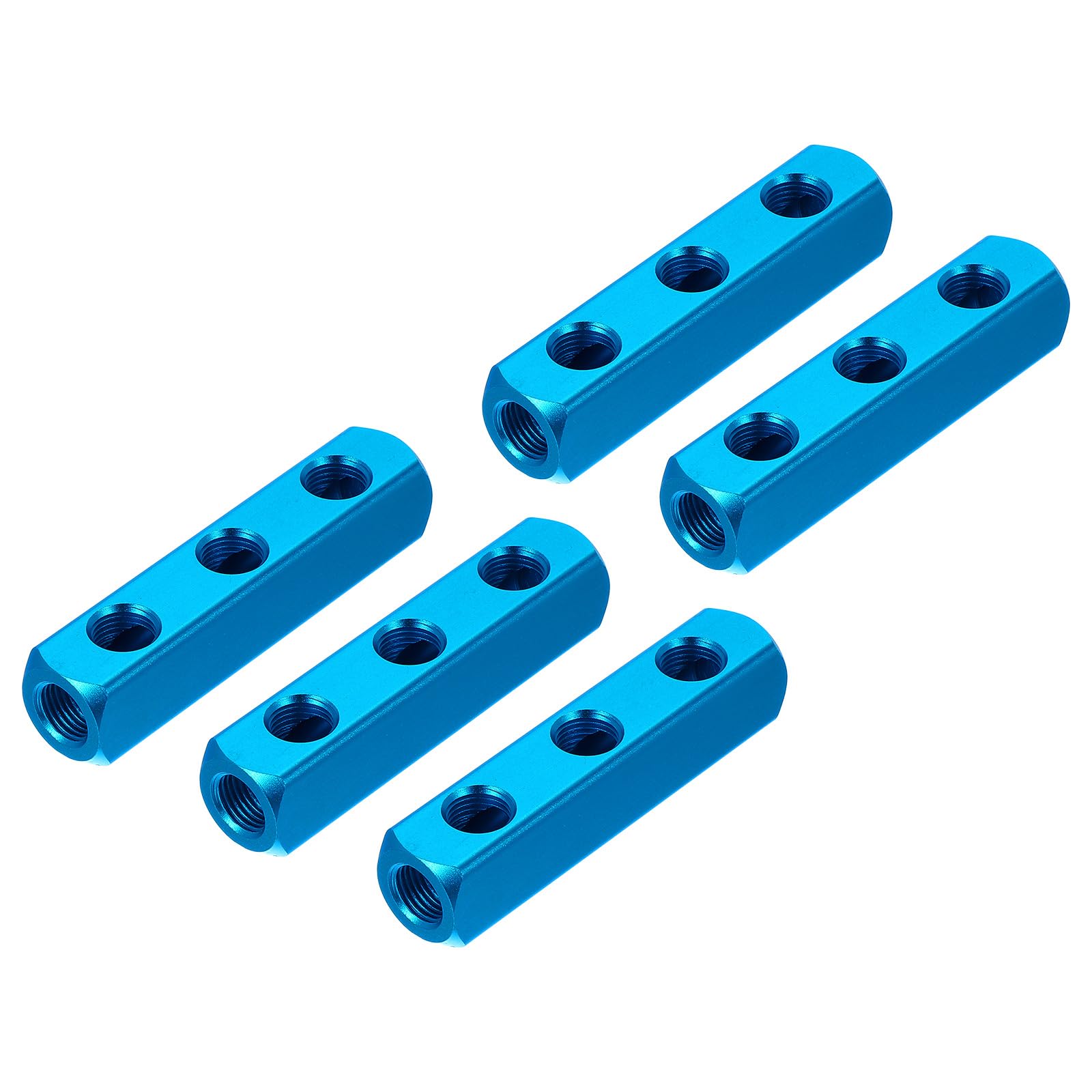 PATIKIL Air Manifold, 5 Pcs 3 Way 6 Port PT 1/4" Aluminum Air Hose Inline Manifold Block Splitter Pneumatic Air Compressor Distribution Fitting, Blue