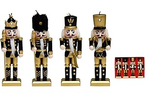 OXWIND Christmas Nutcracker Ornaments Set, Wooden Christmas Nutcracker Soldier Figures Decorative Collectible Nutcracker 5 Inch Mini Nutcracker Figurines Christmas Tree Hanging Decorations - 4pcs Black gold