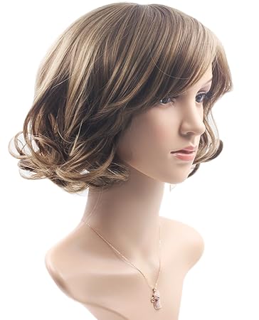 Womens Wig Halloween Costume Wig Short Bob Brown Wig With Bangs Curly Wavy Synthetic Cosplay Party Hair Wig 106 Inches - 