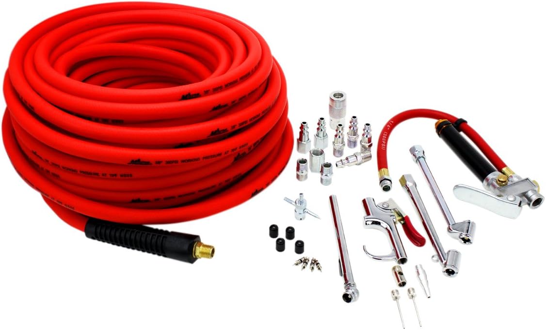 EXELAIRby Milton (MK3810BGIG) Bundle: Pneumatic Blow Gun, Tire Inflator Gauge, Dual Chuck, 100' Cobra Flex Air Hose & Air Accessory Kit, (28-Piece)
