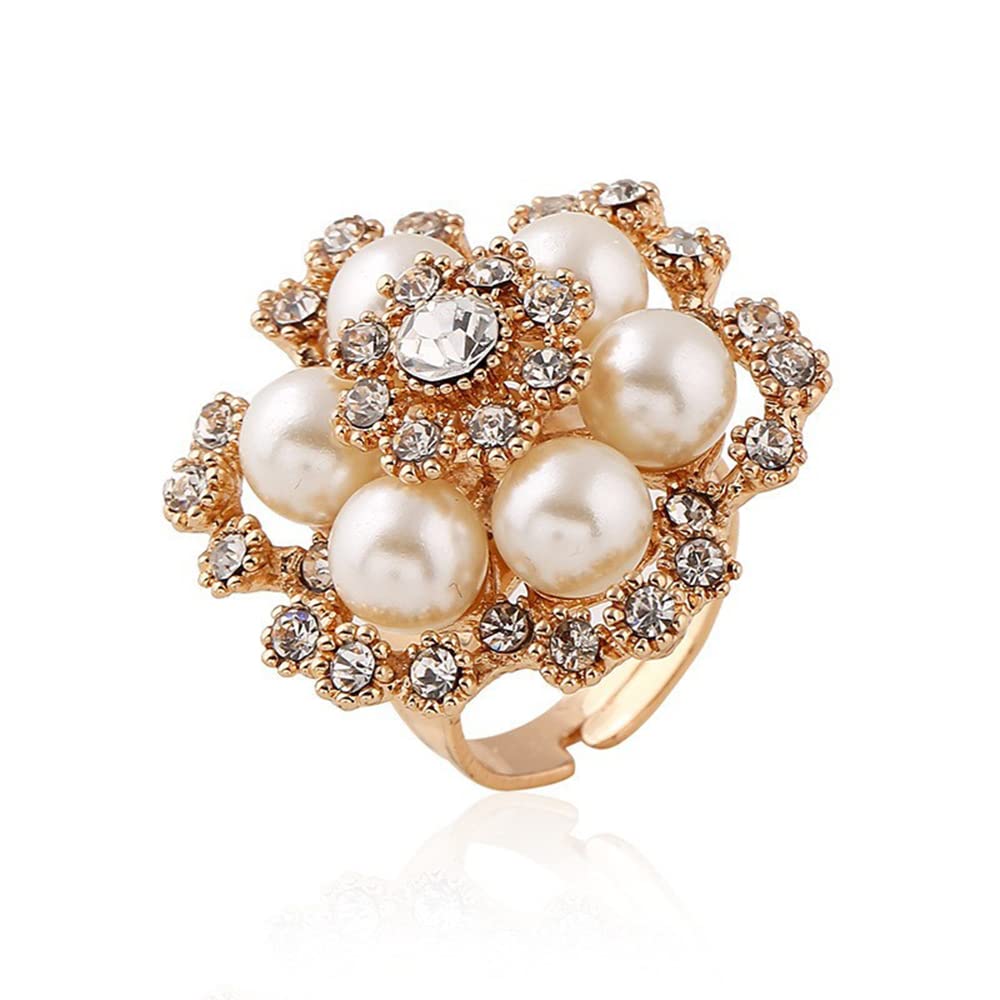 Boho Exaggerated CZ Statement Ring for Women Girls Adjustable Bohemian Antique Mosaic Crystal Expandable Big Open Wrap Finger Rings Comfort Fit Retro Indian Bollywood Style Jewelry (Pearl Flower)