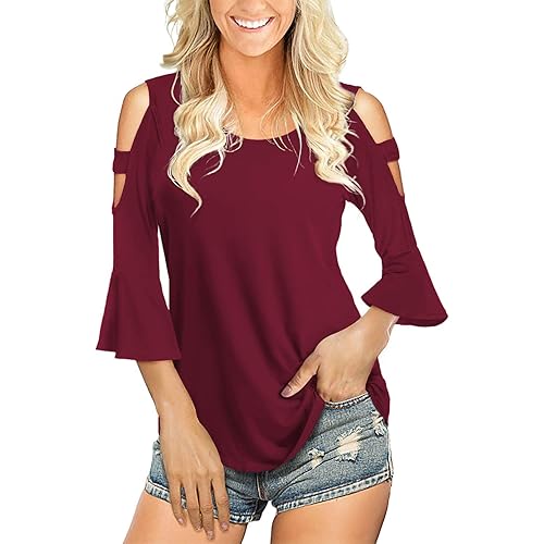 Florboom Womens Cold Shoulder Top Basic T Shirts 3/4 Sleeve Casual Blouse Tshirts