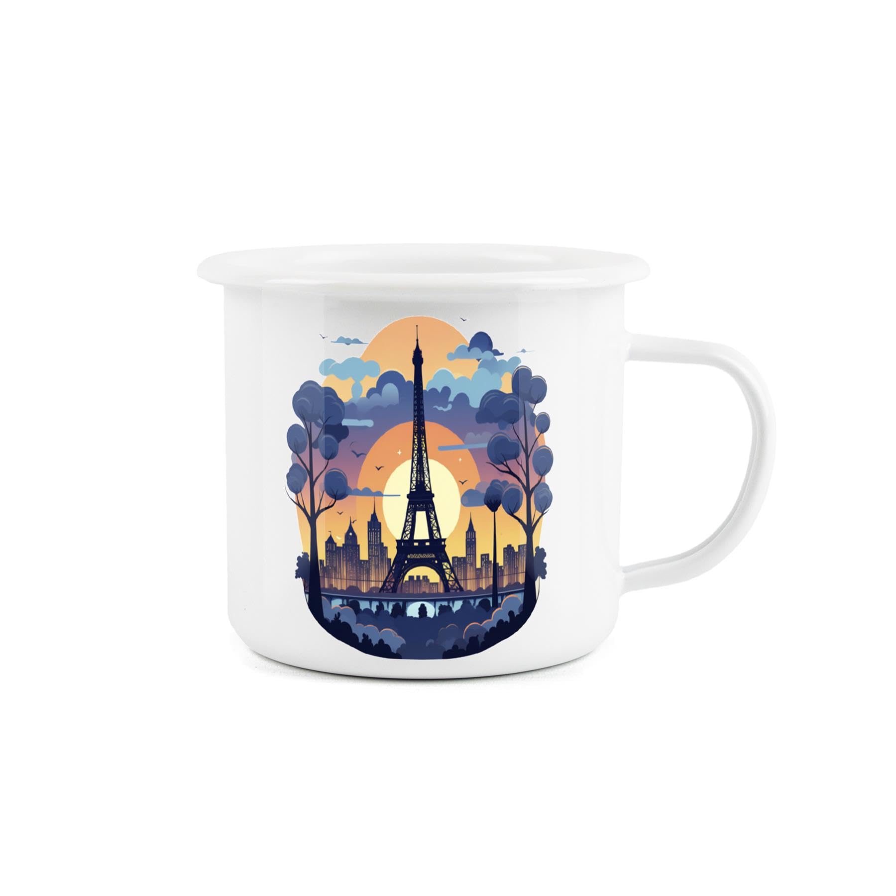 Paris at Dusk Enamel Mug - Camping Gift Durable Hot Drinks White Outdoor Gift Cup - Travel Picnics Home Hiking