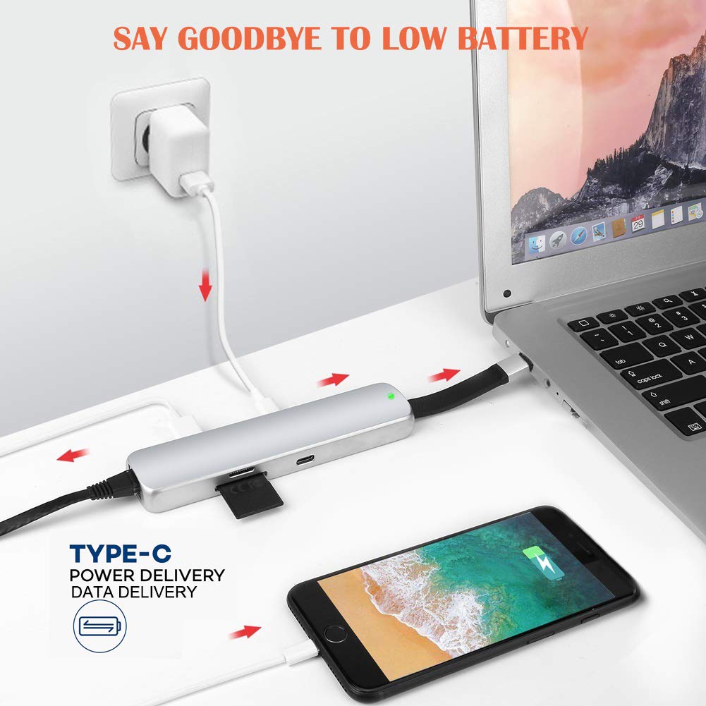 USB C Hub, 8-in-1 Premium Multiport USB C Adapter with Type-C Power Delivery to Gigabit Ethernet Port, 4K HDMI, 2 USB 3.0 Ports, PD Charging & Data Delivering Port, SD/TF Card Reader Protable for MacB