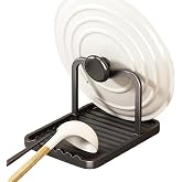 Anti-Rust Metal Spoon Rest with Lid Holder While Cooking, Black | Durable Heat-Resistant Spoon and Lid Rest with Non-Slip Pads, Kitchen Pot Lid Holder for Countertop &amp; Stovetop