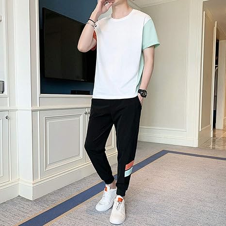 Amazon Co Jp 春と夏の新しいメンズスポーツスーツファッション半袖 長ズボンファッションスポーツウェアスーツ 白 Xl ホーム キッチン