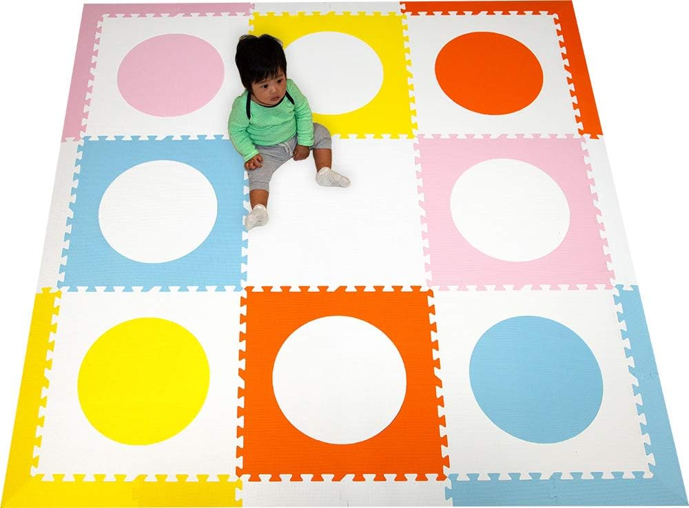 SoftTiles Circles Premium Interlocking Foam Large Children's Playmat 6.5 x 6.5 ft. (Light Pink, Orange, White, Light Blue, Yellow) SCCIRCOWSY