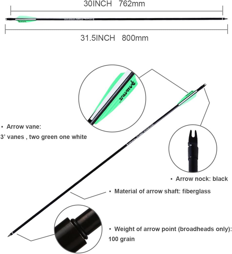 PANDARUS Archery 32inch 8mm Fiberglass Hunting Practice Arrows with Replaceable Arrowhead Spine 500 for Recure and Compound Bow Target (Pack of 12) : Sports & Outdoors