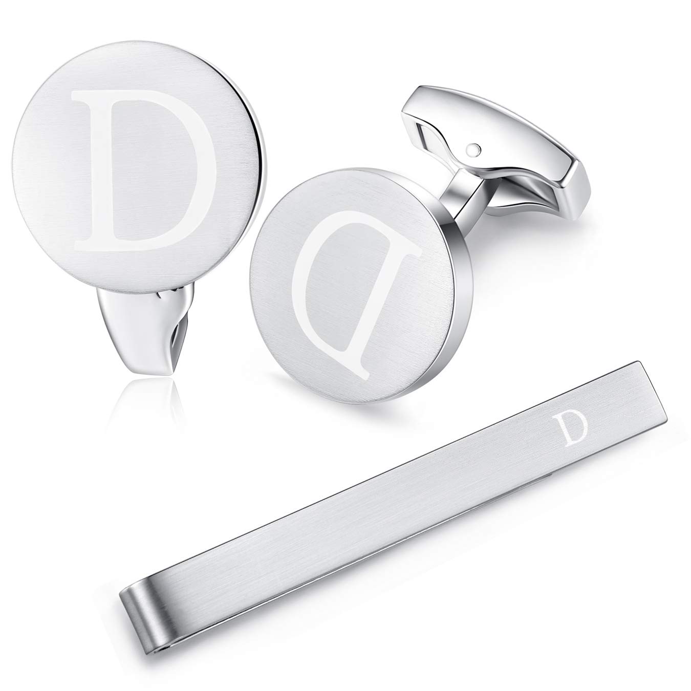 HONEY BEAR Initial Alphabet Letter Cufflinks Tie Clip Set for Mens - Brushed Silver Round Stainless Steel, for Business Wedding Gift,5.4cm (D)