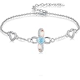 BETHZA Nature Swiss Blue Topaz Infinity Cross Bracelet 925 Sterling Silver Open Loop Cross Birthstone Adjustable Chain Bracelets for Women Gifts for Birthday
