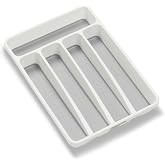 madesmart Classic 5 Compartment Compact Silverware Tray, White | non slip feet, rounded corners, branded icons, soft grip lining, forks knives spoons, flatware sorting, woman owned