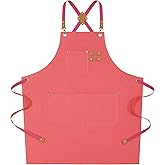 AFUN Chef Aprons for Women Men with Oversized Pockets, 12-Ounce Cotton Canvas Cross Back Water Repellent Apron (Pink)