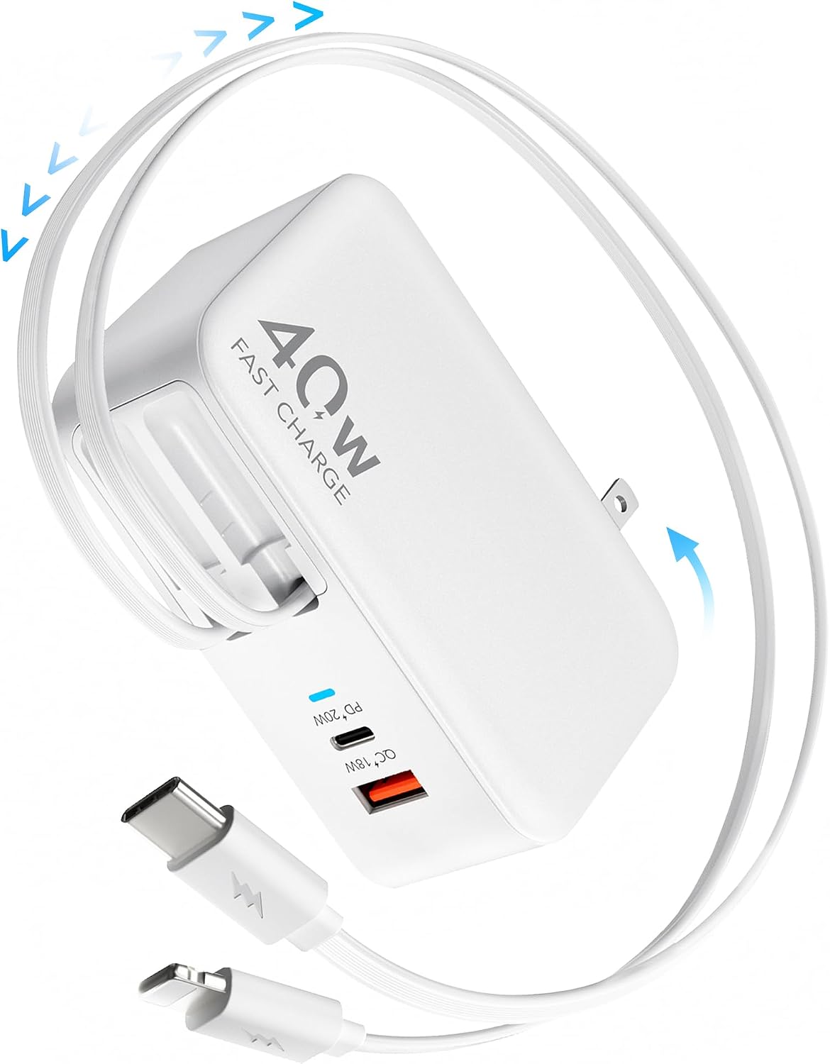 Retractable USB C Charger Wall Plug with 35.5in/90cm Type C Cables Cords,40W Fast Charging Foldable Block Multi Charger for All Devices for iPhone 17/16/15/14/13/12,iPad,Galaxy,Pixel