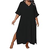 WDIRARA Women's Plus Size Swimwear V Neck Half Sleeve Split Side Cover Up Beach Dress