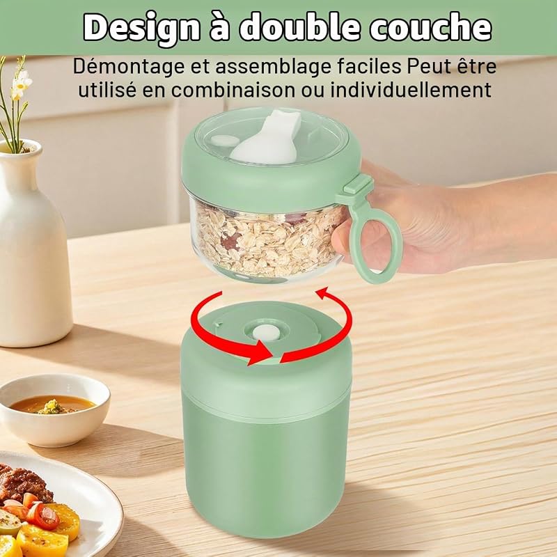 Bol Muesli a Emporter, Pot Yaourt Avec 2 Compartiment,Sûr et Pratique(Vert)