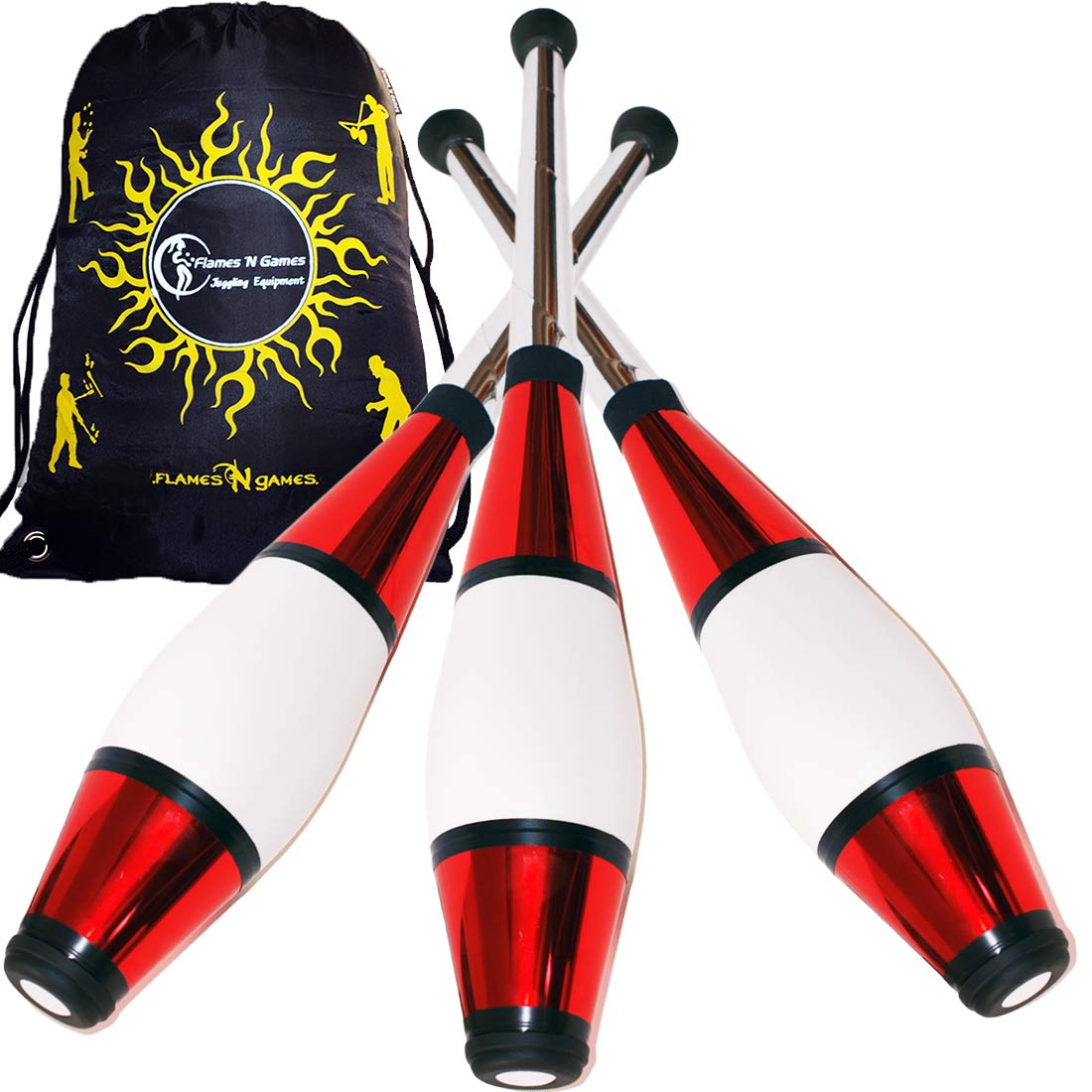 Juggle Dream EURO PRO Juggling Clubs Set of 3 (12 Colour Combos!) Metallic Deco Trainer Clubs + Flames N Games Travel Bag! Great Club Juggling Set For Beginners & Advanced Jugglers! (Red)
