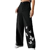 SweatyRocks Women's Wide Leg Baggy Pants Butterfly Print High Waisted Casual Trousers with Pocktes