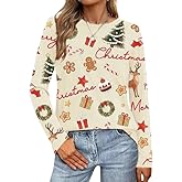 Christmas Shirts for Women Funny Christmas Hawaiian Long Sleeve Xmas Gifts Graphic Print Tee Tops