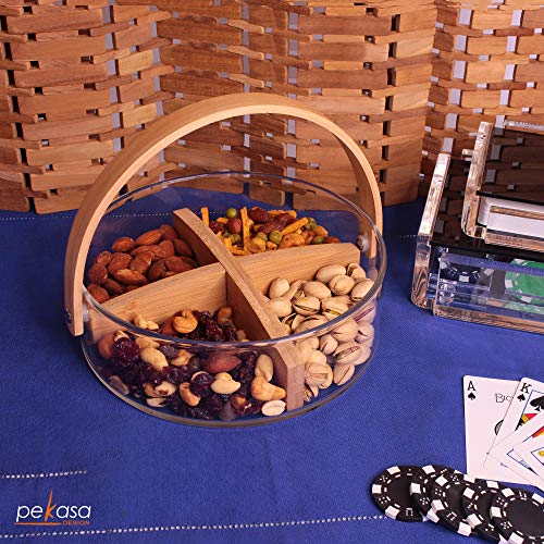 Glass Snack Serving Tray w/ Bamboo Divider, Sturdy Wood Handle, Perfect