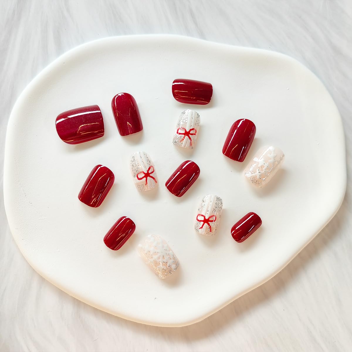24Pcs Christmas Press on Nails Short Coffin Fake Nails Red Bow Charm Design Cute Christmas Nails Glossy Red False Nails Silver Glitter Snowflake Glue on Nails Winter Artificial Nails for Women DIY - Image 6