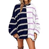 Fisoew Womens Striped Pullover Sweater Crew Neck Long Sleeve Knitted Color Block Casual Loose Lightweight Sweaters for Women