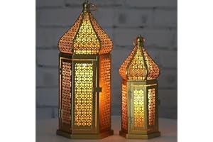 VELA LANTERNS Large Golden Tower Temple Moroccan Lantern Lamp Decorative Candle Holders for Ramadan Decorations, Hanging, Outdoor Patio or Porch, Indoor Home Decor, Gold, Set of 2