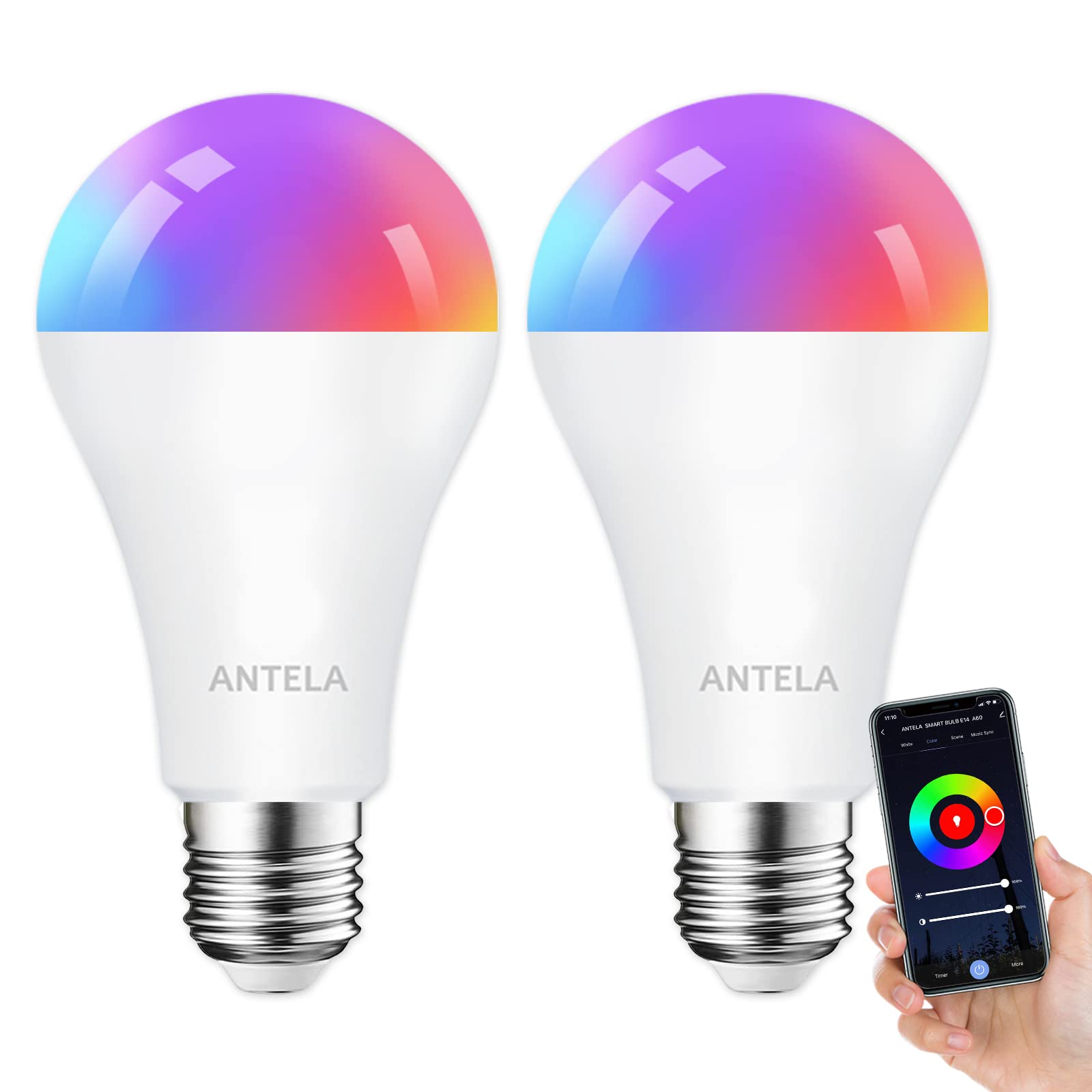ANTELA Smart Bulb E27 A65 12W 1350LM Alexa WiFi Light Bulbs, 2700K-6500K RGB Dimmable Light, Compatible with Alexa/Google Home, 2 Packs