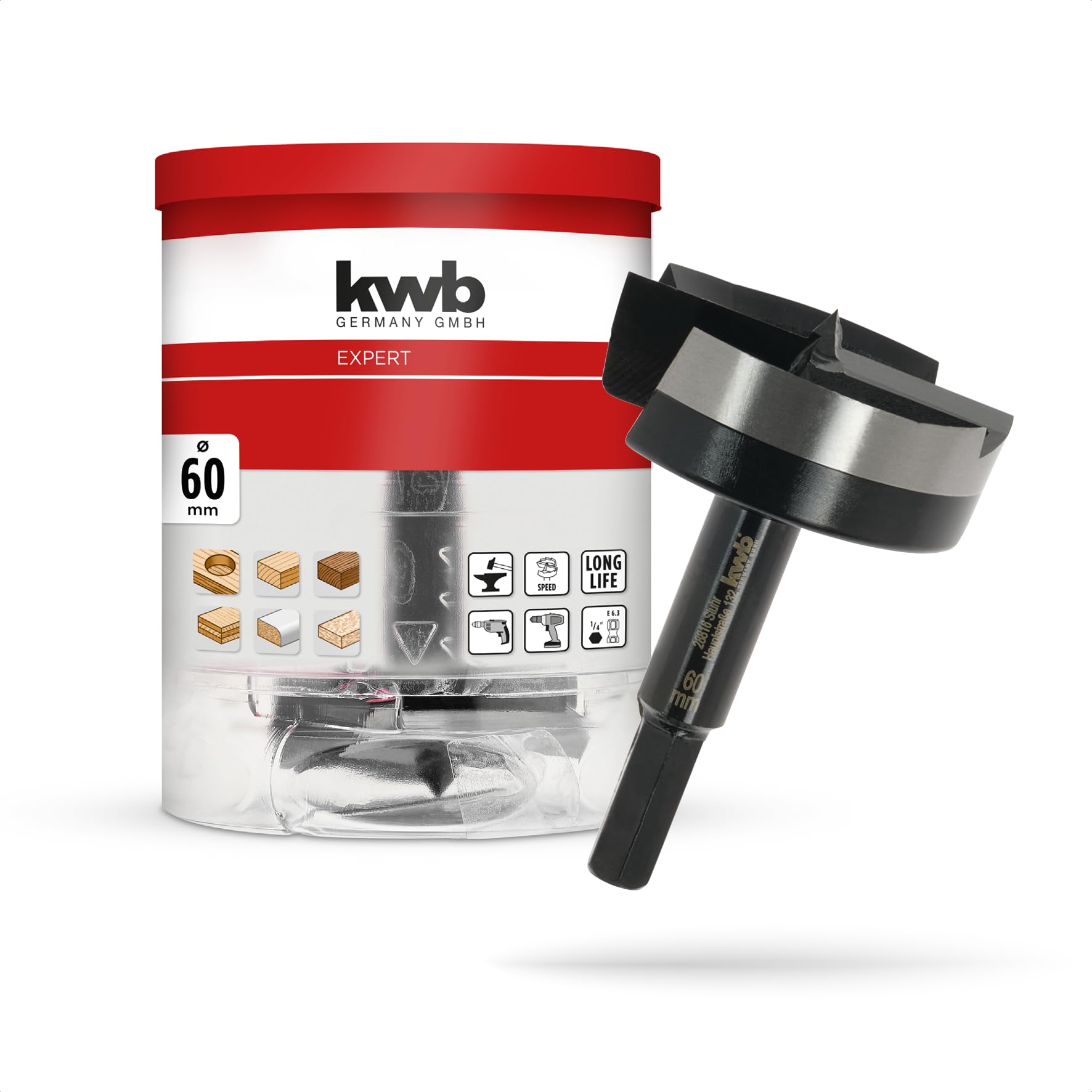kwb Forstner Bit, Ø 60 mm, Cup Drill Bit (for Wood, Forged Drill Head, Special Grinding, Fast, Tear-Free Drill Holes, 4-Sided Ground Centre Point, Durable, for Cordless Screwdrivers & Drills)