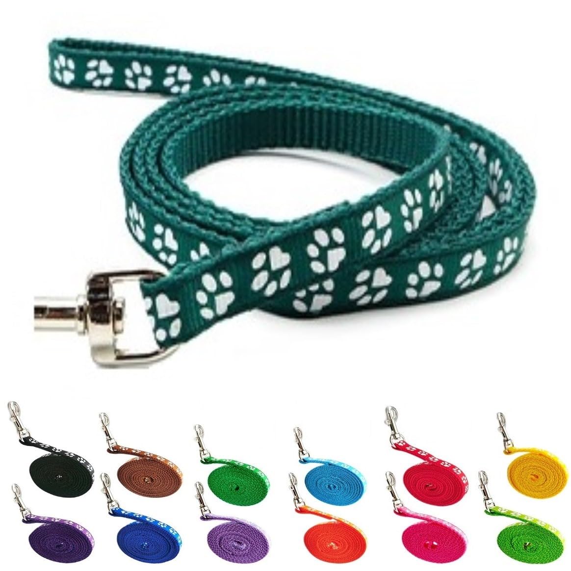 Small Dog Puppy Pet Cat Kitten Lead Pawprint Design Lightweight Nylon Metal Clip 120cm Leash Bottle Dark Green