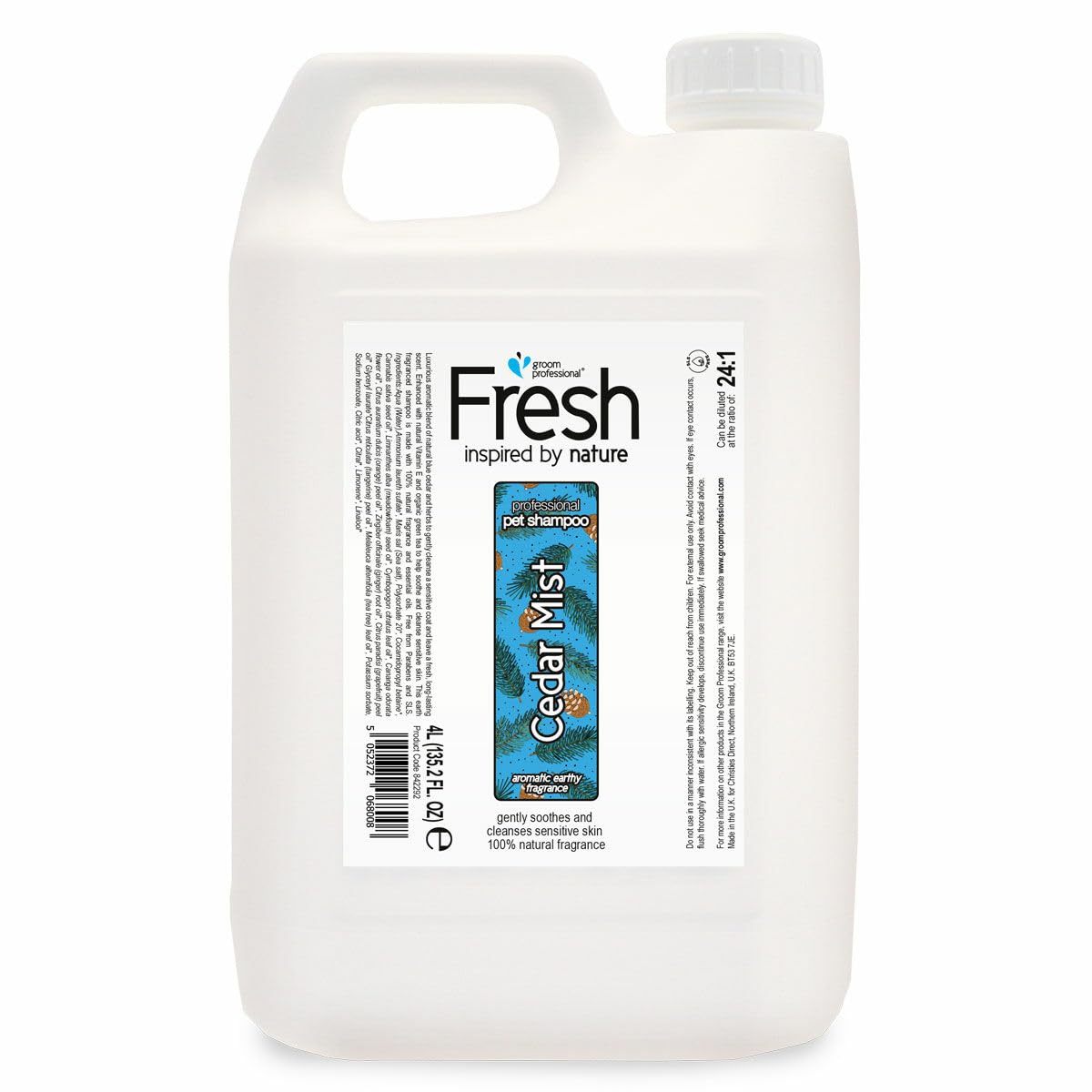 GROOM PROFESSIONAL FRESH Cedar Mist Dog Shampoo - Gentle Cleansing & Soothing for Sensitive Skin - Natural Cedarwood Scent with Essential Oils to Soothe Itchy, Dry Skin - Paraben & SLS-Free, 4L