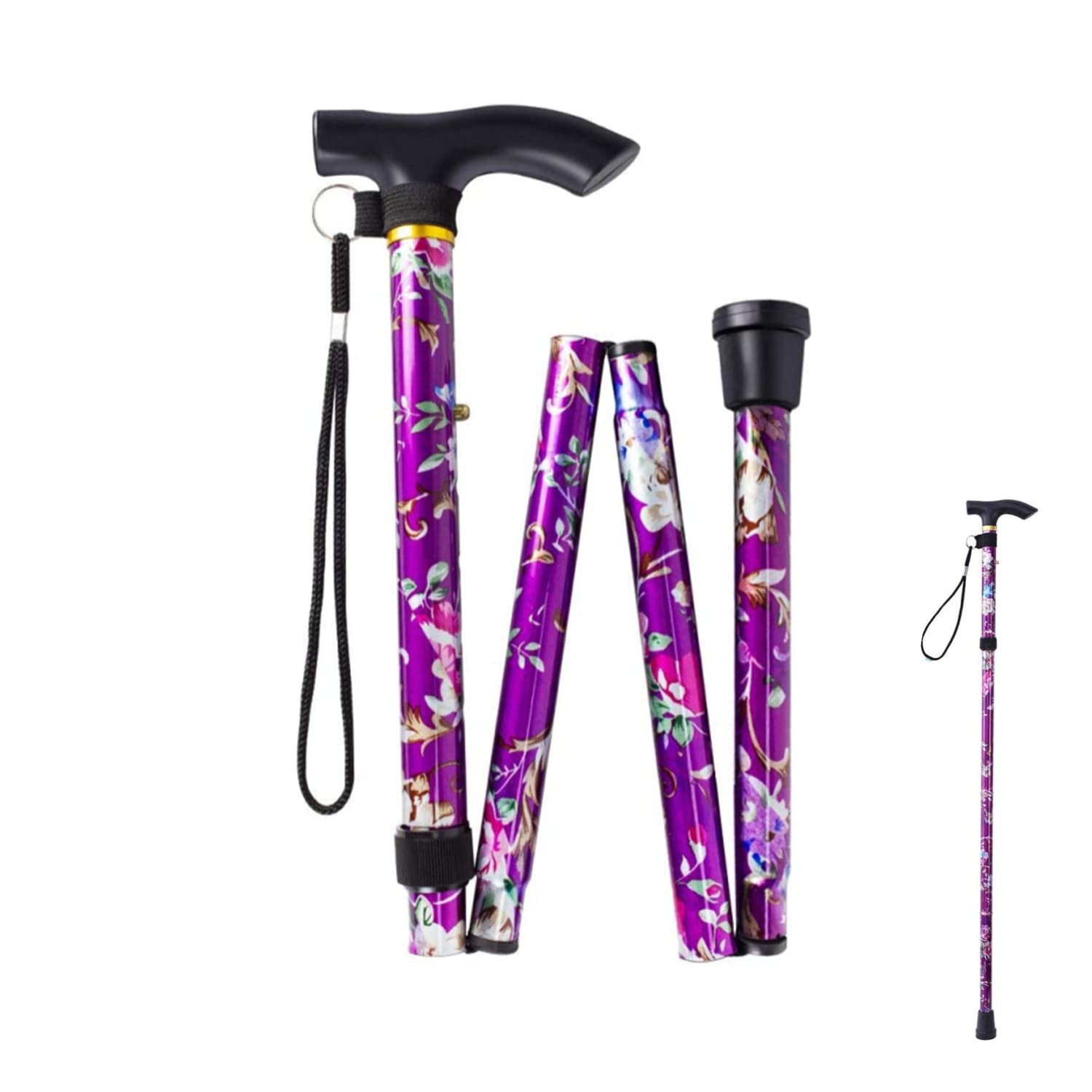 Folding Walking Stick for Women - Purple Floral Lightweight Adjustable Walking Sticks for Ladies and Disabled - Easy to Fold