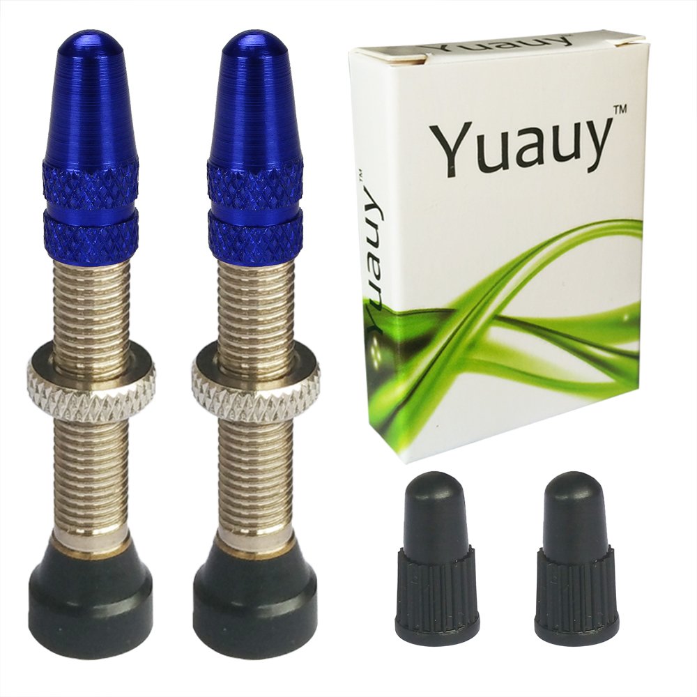 Yuauy 2 PCs No Tube Tubeless Valve Stem Core Copper Presta Universal with Blue Metal and Black Plastic Bike Bicycle Road Racing Coloured Valve Cap Dust Covers