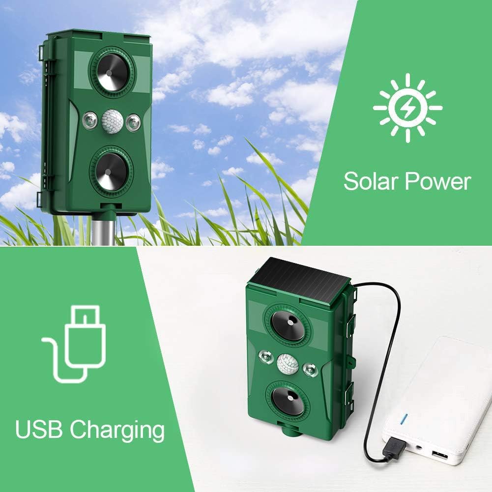 Solar Animal Repeller, 2021 Ultrasonic Mole Repellent, Rat, Squirrel, Deer, Raccoon, Skunk, Rabbit, Mole, Dog, Cat, Waterproof with Motion Detector, USB Rechargeable, Flashing Light : Garden & Outdoor