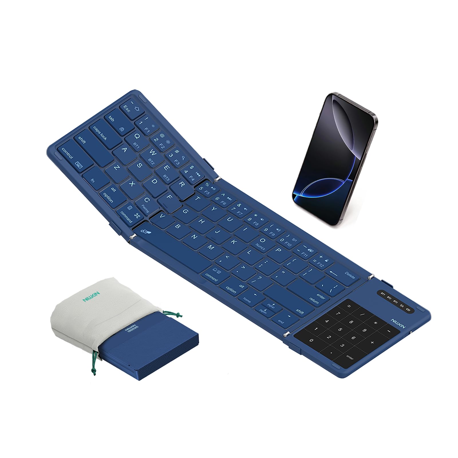 Photo 1 of Nillkin Upgraded Foldable Bluetooth Keyboard with Touchpad & Number Pad, Portable Wireless Keyboard for Travel, Pocket-Sized, Full Size Keys, Support 3 Devices for iPad Laptop Tablets Phone, Blue