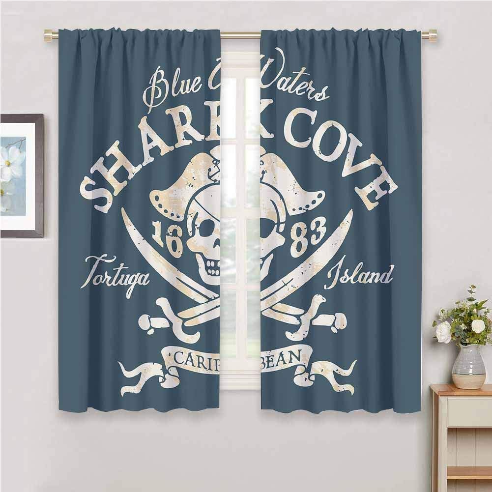 DIMICA Bedroom Decor Blackout Shades Pirate Shark Cove Tortuga Island Caribbean Waters Retro Jolly Roger Print Sliding Curtains for Patio Decor W72 x L72 Inch Slate Blue White Light Mustard