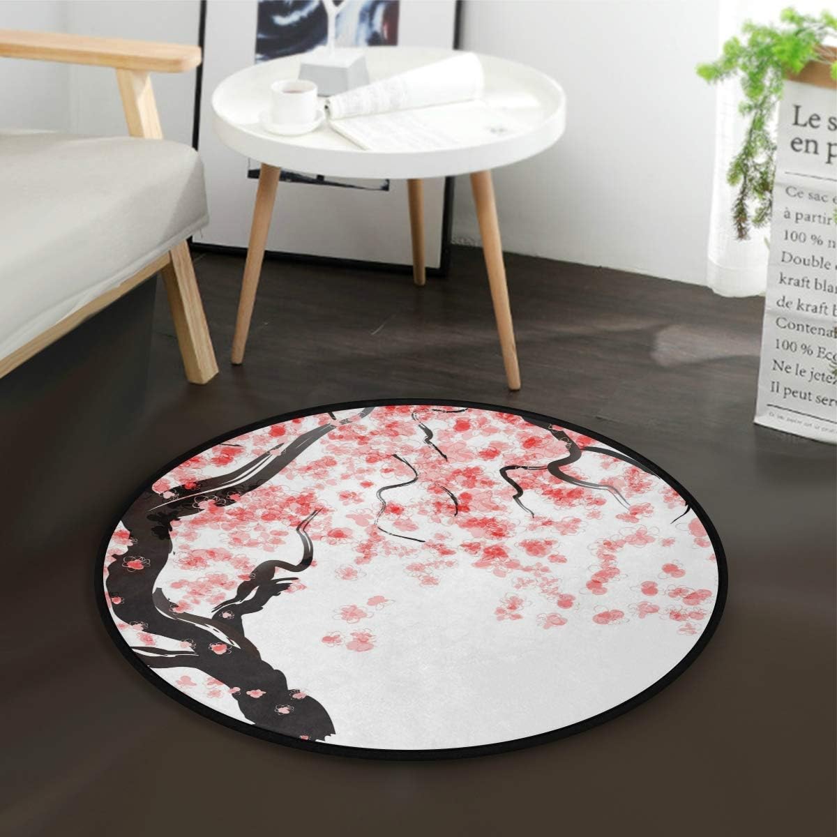 Japanese Cherry Tree Blossom Oil Painting Round Area Rug for Living